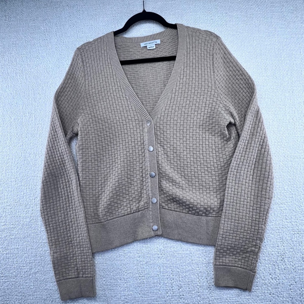 Liz Claiborne Women's Beige Basketweave Knit V-Neck‎ Button Front Cardigan Large